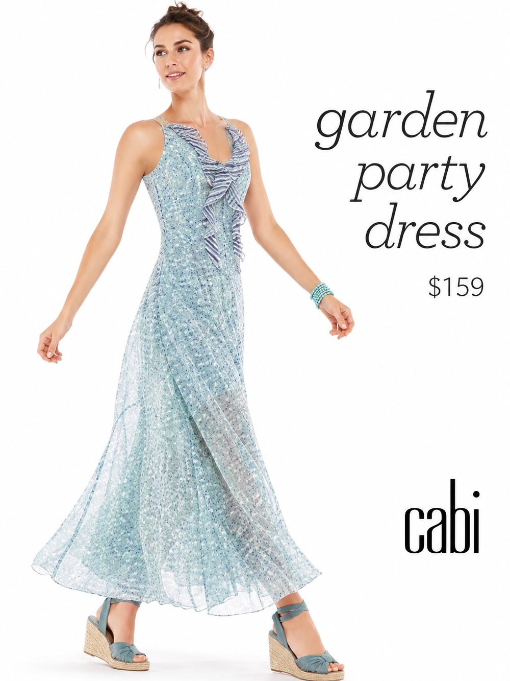 Cabi Garden Party Flowy Dress Blue Floral Ruffle Maxi Dress Wedding Size 6